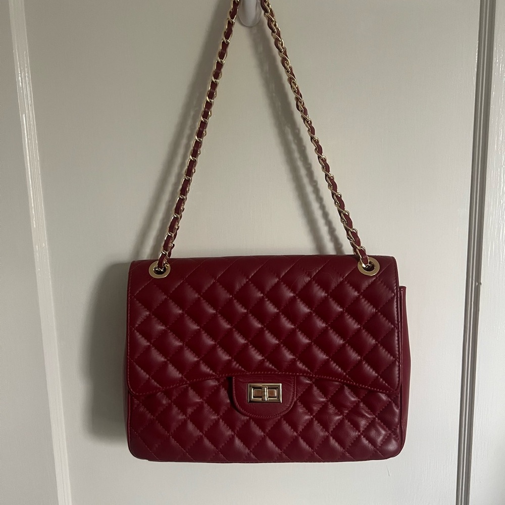Deep Red Quilted Shoulder Bag with Chain Strap